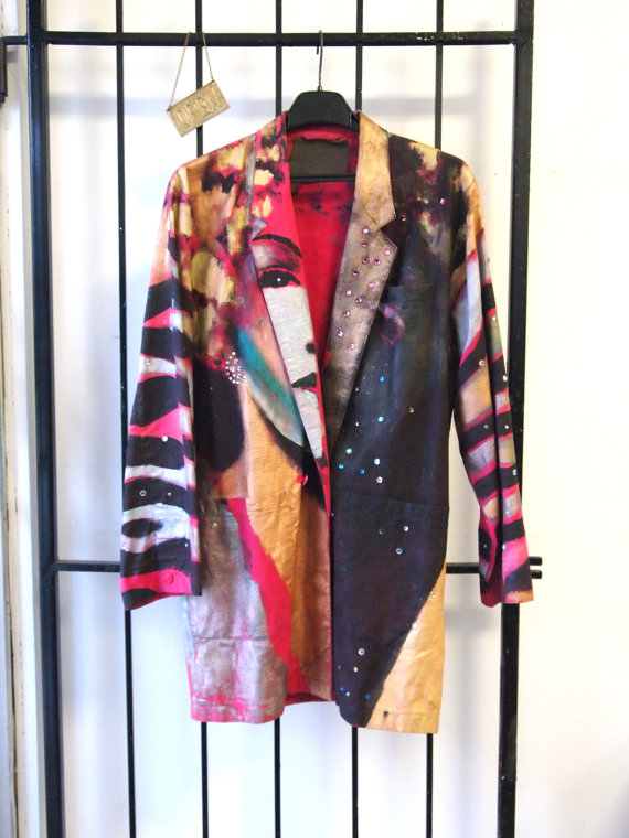 Bad Ass Vintage 1990s Crazy Colourful Hand Painted One of a Kind Bejewelled Hollywood Marlene Dietrich Graphic Party Rave Metallic Blazer- FRONT- THE EYE OF FAITH VINTAGE