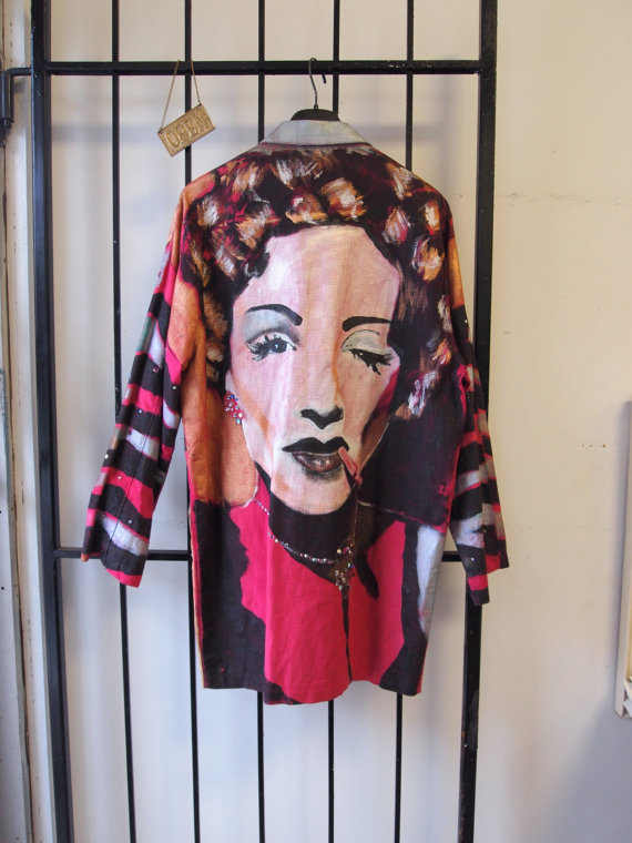 Bad Ass Vintage 1990s Crazy Colourful Hand Painted One of a Kind Bejewelled Hollywood Marlene Dietrich Graphic Party Rave Metallic Blazer